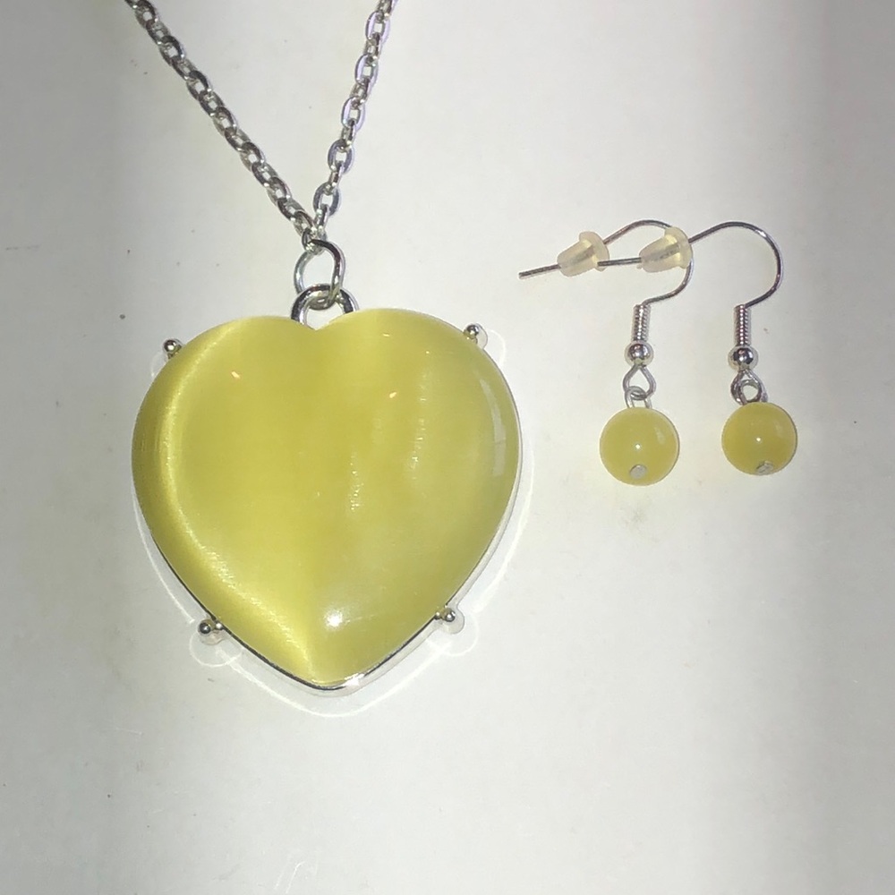 Yellow Heart Pendant Silver Tone Necklace and Drop Earrings Set